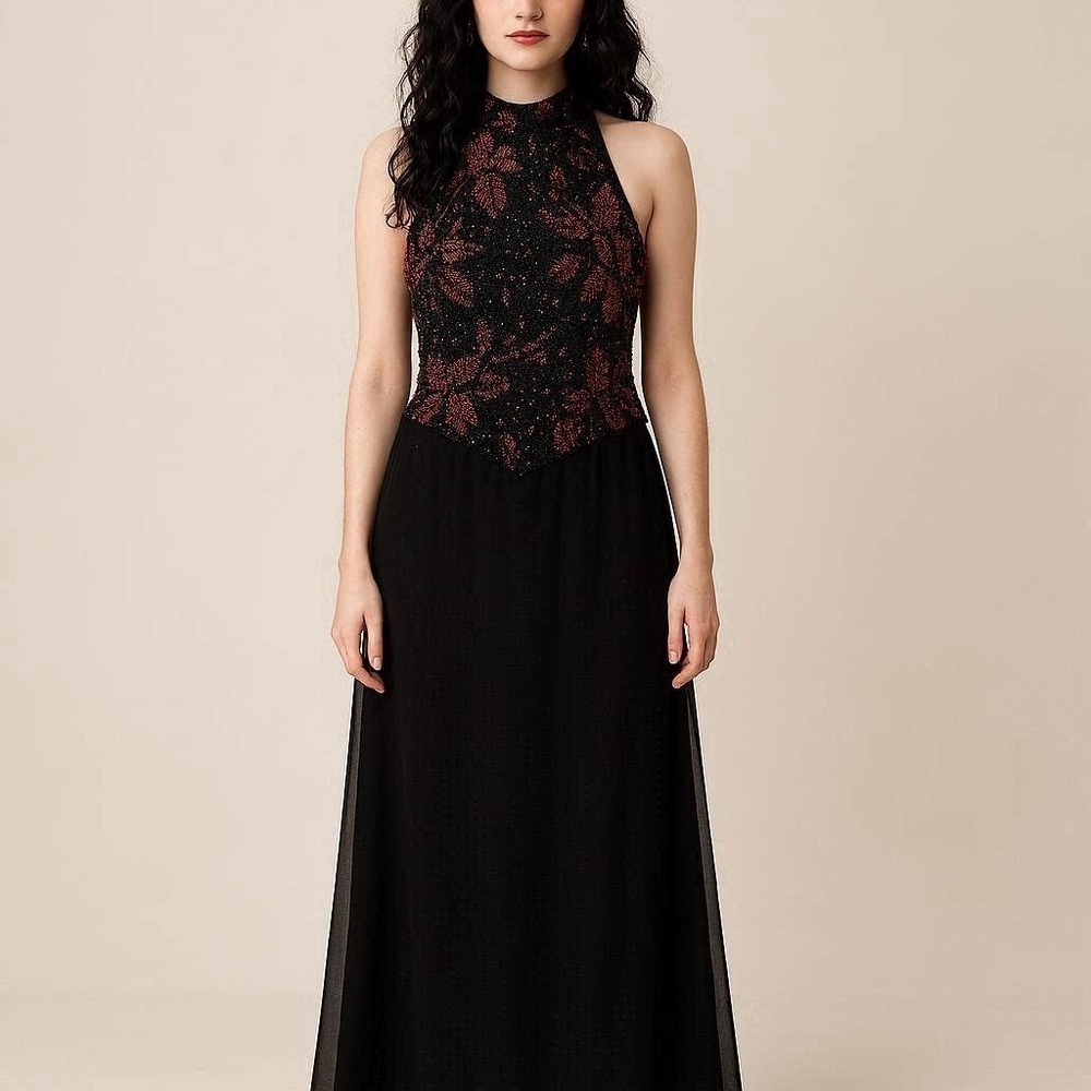 Vintage Y2K Whimsigoth J kara New York Embellished Gown Beaded Halter Evening 10